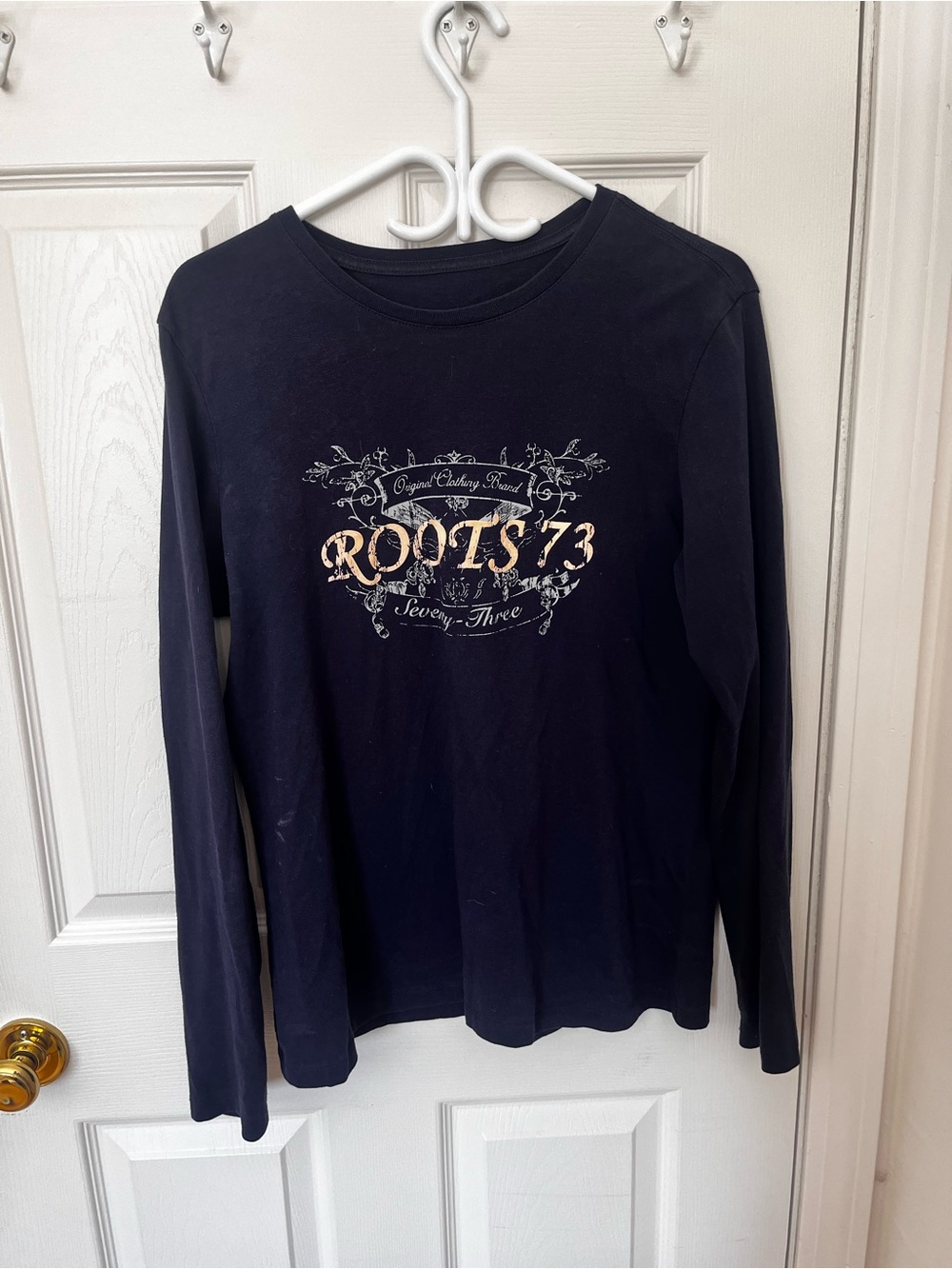 Roots Women's Long Sleeve Tee in Navy with Cream Logo